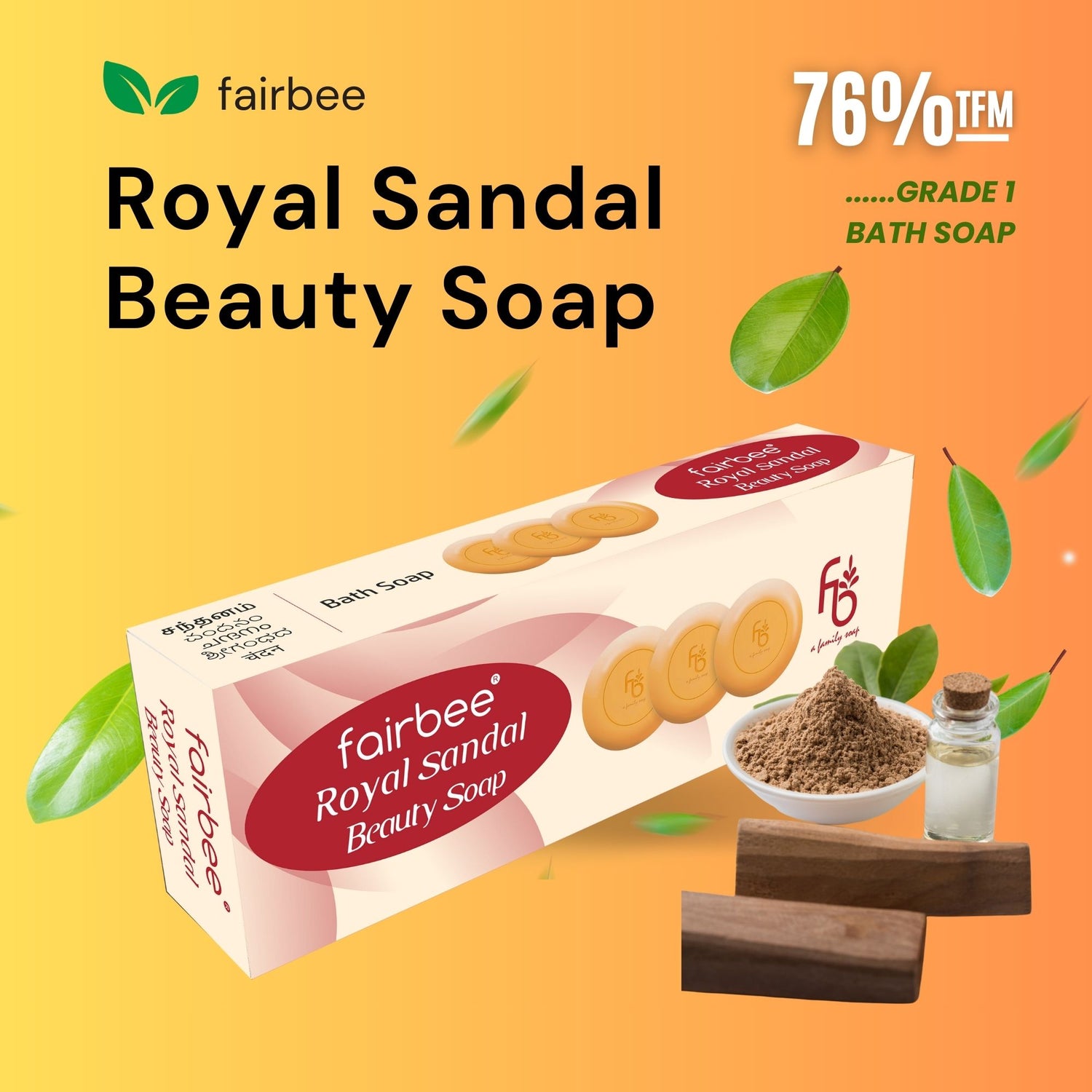 Fairbee Royal Sandal Grade 1 Bath Soap For Men, Women & Kids - Enriched with High Concentration of Sandal Oil, Sandal Powder, Glycerin, Coconut & Vitamin E - Trio Pack Of 2 (Contains 6 x 150 Gram Soaps)