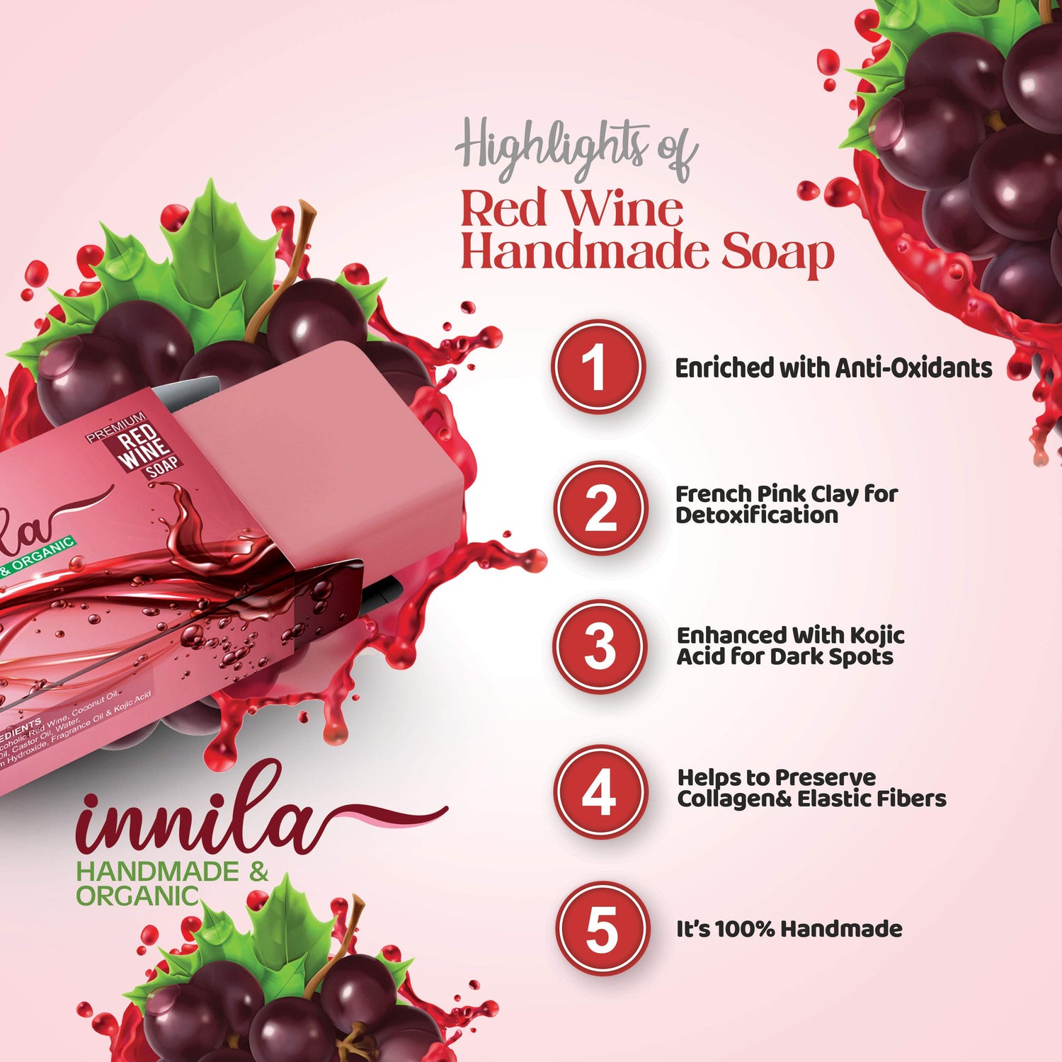 Innila Handmade Red Wine Bath Soap | Soaps For Bath With Kojic Acid, Strawberry Fragrance & French Pink Clay- Combo offer - 100 GM