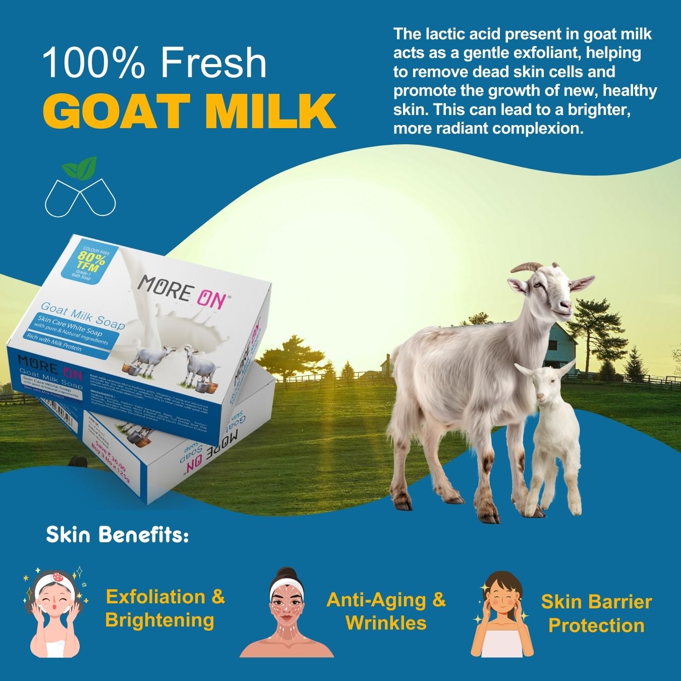 MORE ON Goat Milk Soap For Skin Brightening & Hydration | 80% TFM Soap For Men & Women | Paraben, SLS, Free -125g (Pack of 6)