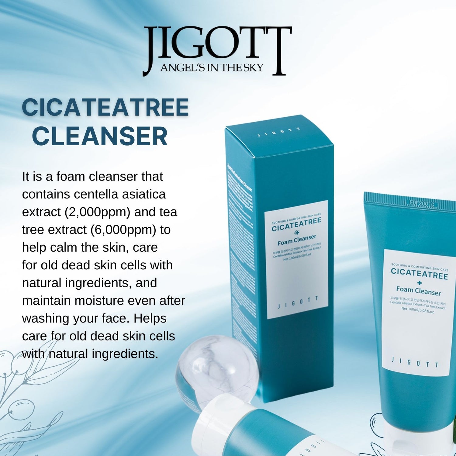 JIGOTT Cica Tea Tree Skin Brightening & Detoxifying Foam Cleanser With Adenosine - 180ml For Men & Women [Made in Korea]