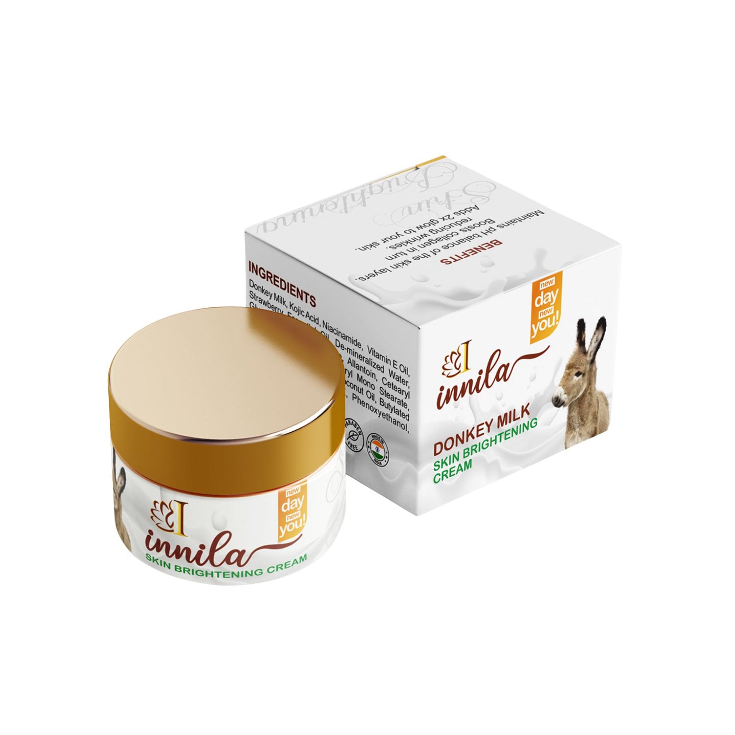 Innila Donkey Milk Skin Brightening & Anti - Aging Day & Night Cream With Kojic Acid & Niacinamide - 50GM (With SPF 25+) - For Face, Neck & Underarms (Men & Women)