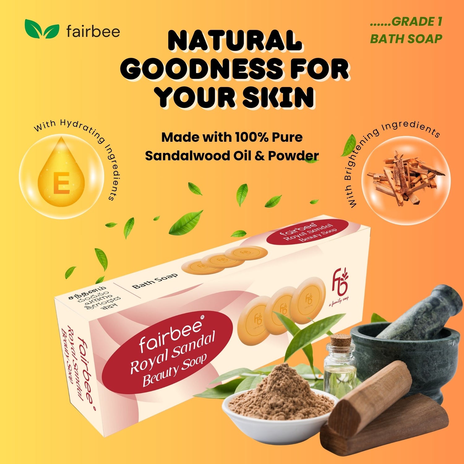 Fairbee Royal Sandal Soap - Grade 1 Bath Soap For Men, Women & Kids - Enriched with High Concentration of Sandal Oil, Sandal Powder, Glycerin, Coconut & Vitamin E - Trio Pack Of 2 (Contains 6 x 150 Gram Soaps)