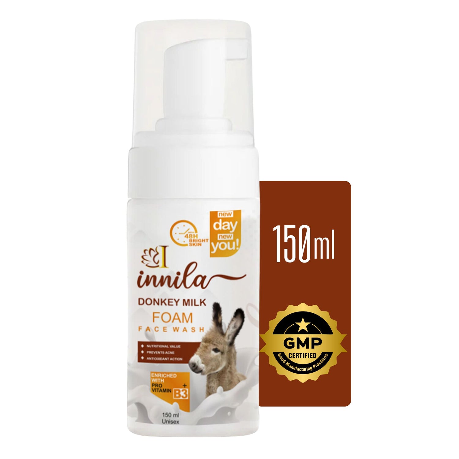 Innila Donkey Milk Foam Face Wash For Skin Brightening & Anti- Aging With Pro Vitamin B3+ -150ML (Men & Women)