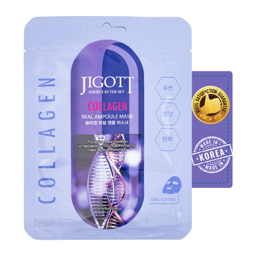 JIGOTT Collagen Real Ampoule Face Sheet Mask - 27 ML/Mask - For Deep Anti Aging, Wrinkle Lift, and Skin Brightening [Pack of 6] - Men & Women [Made In Korea]