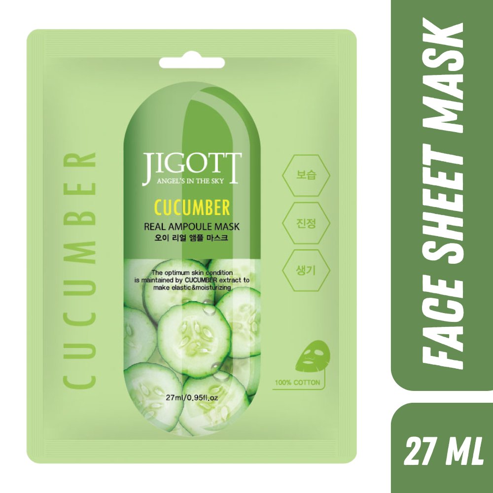 Jigott Korean Real Ampoule Cucumber Skin Brightening Facial Sheet Mask -27ML | Pack Of 4 Sheets - Made In Korea | For Men & Women