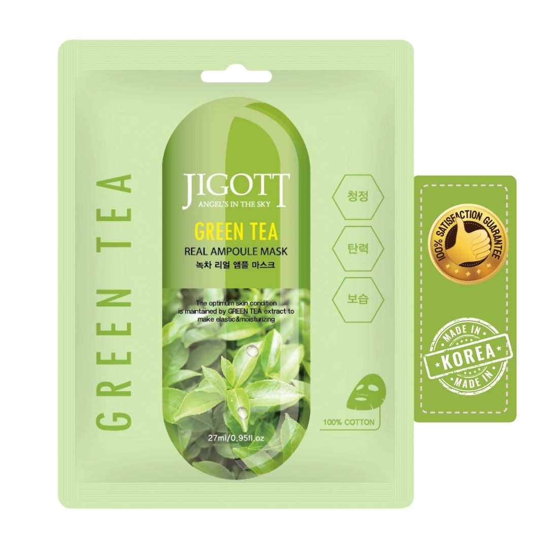 JIGOTT Green Tea Real Ampoule Face Sheet Mask - 27 ML - For Deep Antiaging, Brightening, and Dark Spots - Men & Women [Pack of 6] [Made In Korea]