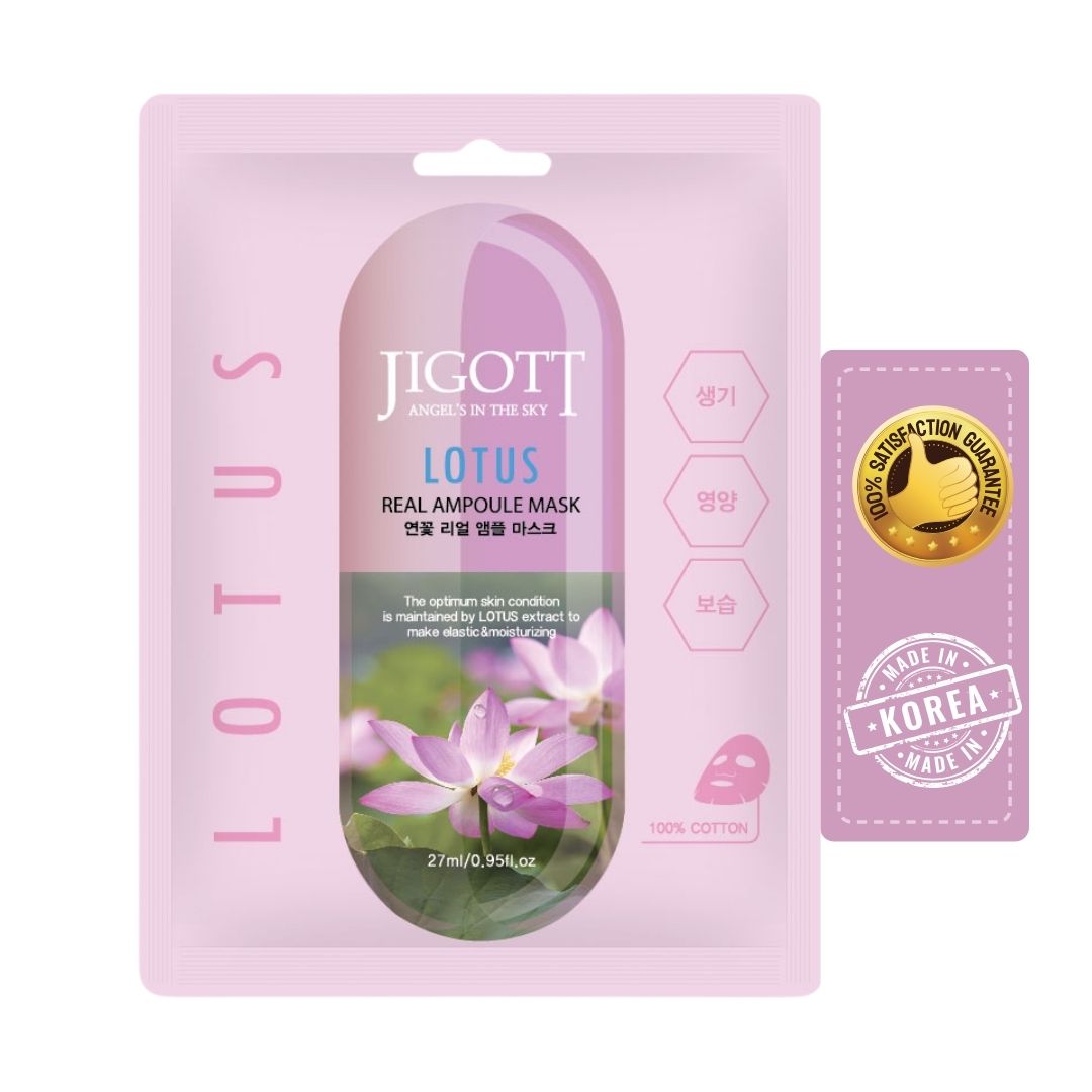 JIGOTT Lotus Real Ampoule Brightening & Anti-Aging Face Sheet Mask for Men & Women, 27ml (Pack of 4))- Made In Korea