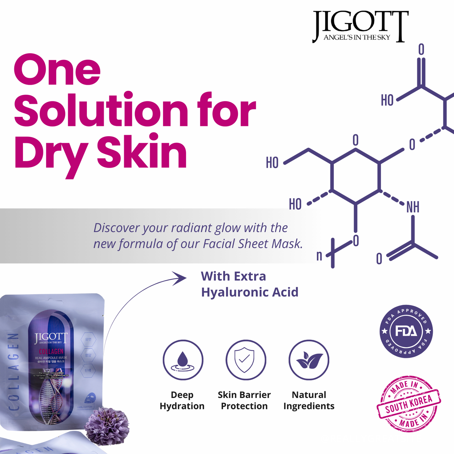 JIGOTT Collagen Real Ampoule Face Sheet Mask - 27 ML/Mask - For Deep Anti Aging, Wrinkle Lift, and Skin Brightening [Pack of 6] - Men & Women [Made In Korea]