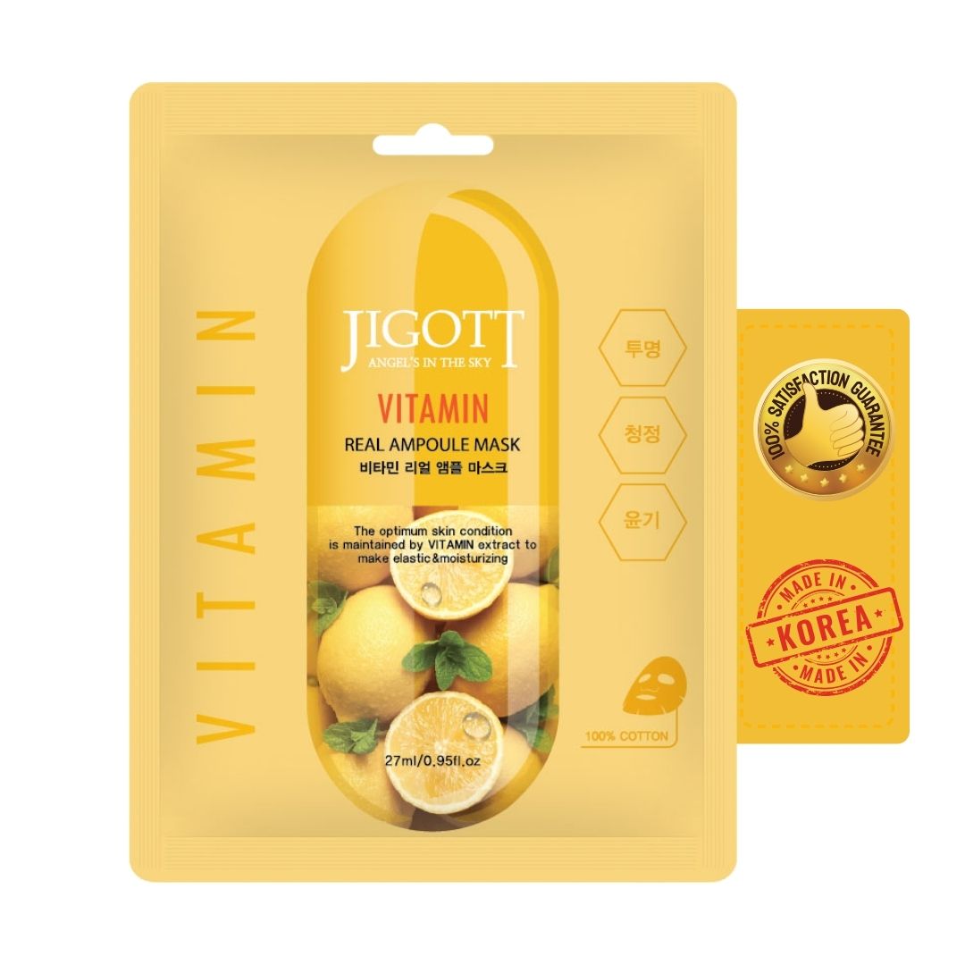 Jigott Korean Real Ampoule Vitamin Skin Brightening Facial Sheet Mask -27ML | Pack Of 4 Sheets - Made In Korea | For Men & Women