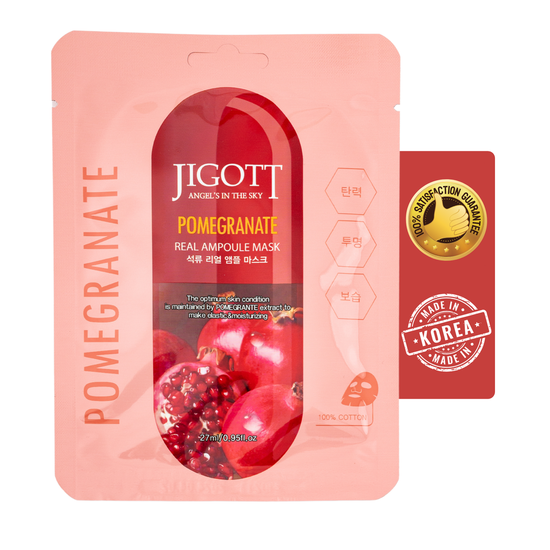 JIGOTT Pomegranate Real Ampoule Face Sheet Mask - 27ml - For Deep Moisturizing, Brightening, and Skin Rejuvenation for Men & Women [Pack Of 6] [Made in Korea]