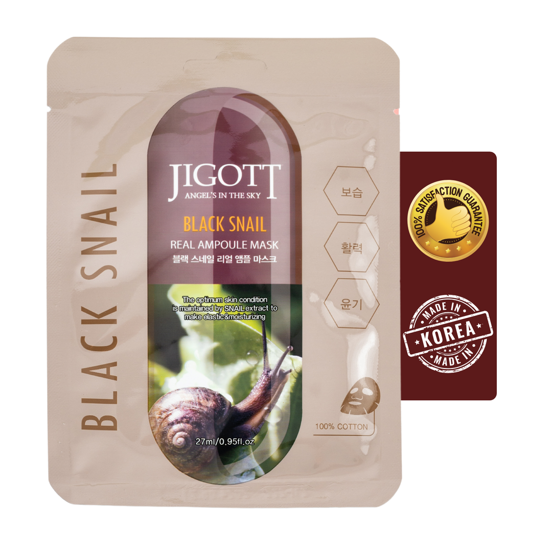 JIGOTT Black Snail Real Ampoule Face Sheet Mask - 27 ML - For Deep Antiaging, Brightening, and Skin Rejuvenation - Men & Women [Pack of 6] [Made In Korea]