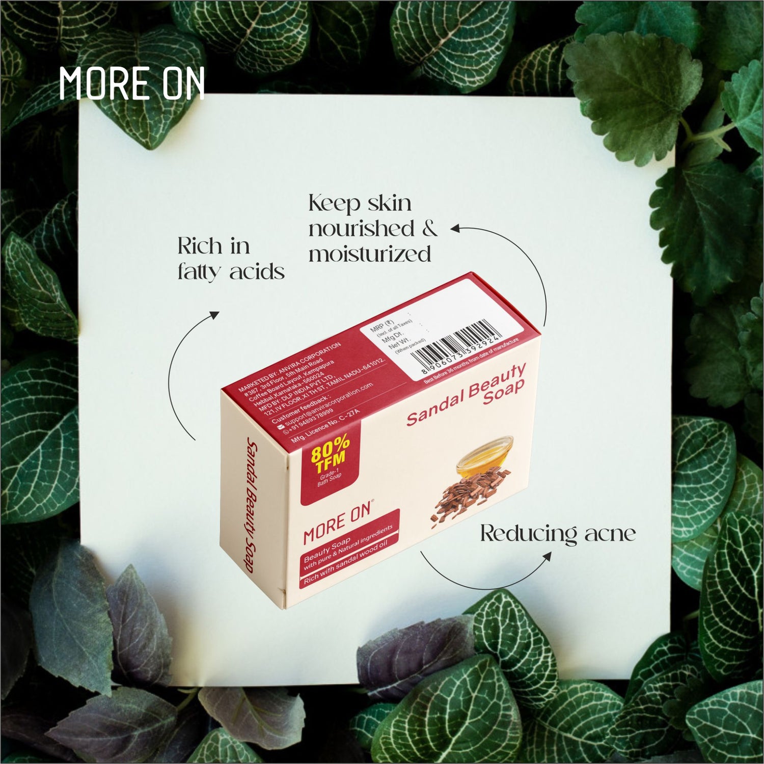 More On Sandalwood Soap with Authentic Pure Mysore Sandal Oil | Skin Brightening & Anti-Aging For Men & Women -125 GM (Pack of 6)