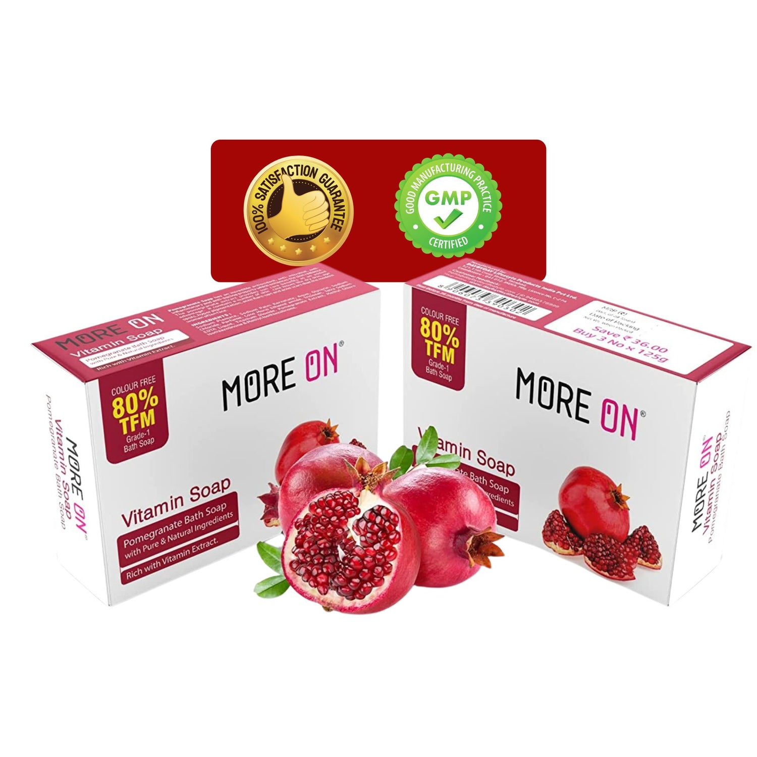 MORE ON Vitamins 80% TFM Pomegranate Soap For Bright & Blemish Free Even Skin Tone | Bath Soap for Men and Women Pack Of 6 [125GM * 6 Soaps]